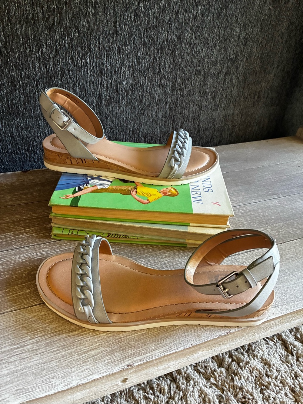 DV Dolce Vita Gray Fetch Sandals With Ankle Strap and Chain Detail